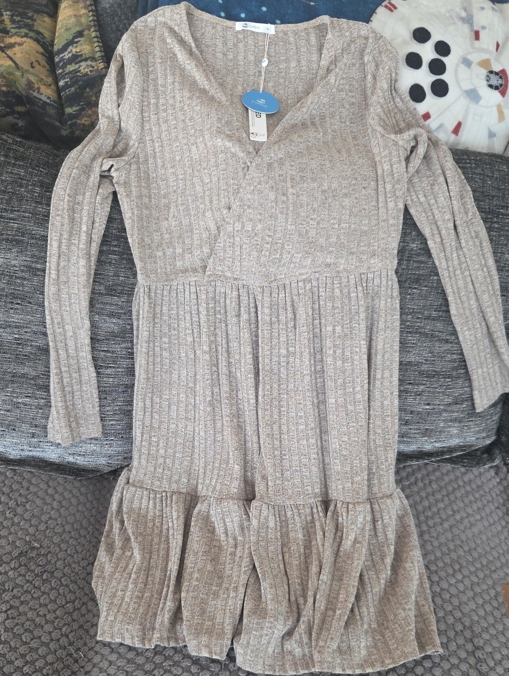 Cupshe Taupe Ribbed Long Sleeve Tiered Knit Dress